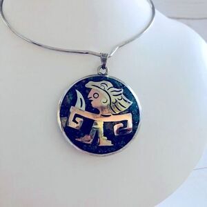 METALES CASADOS AZTEC 2” MEXICAN STERLING SILVER PENDANT Turquoise Mosaic